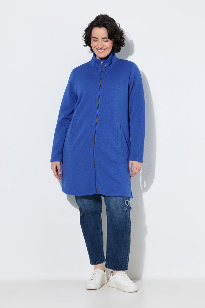 Ulla Popken - Dames - Lange sweatjas luipaardpatroon opstaande kraag - Pauwenblauw - Maat 58+