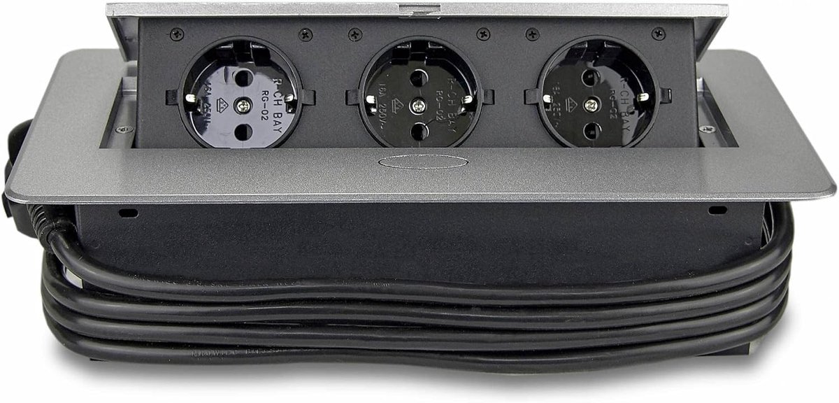 Zilver inschuifbaar ideaal voor keuken en kantoor - 3-voudig met kabel van aluminium - stekkerdoos inbouwstopcontact keukenstopcontact