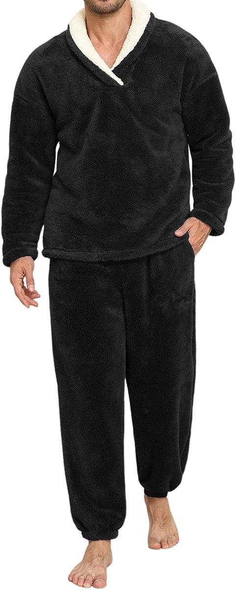 Heren Pyjama Set Pluizige Winter 2 Stuks Mens Pjs Sets Zachte Fleece Warme Losse Loungewear Sets Gezellige Lange Mouw Pyjama Voor Thuis