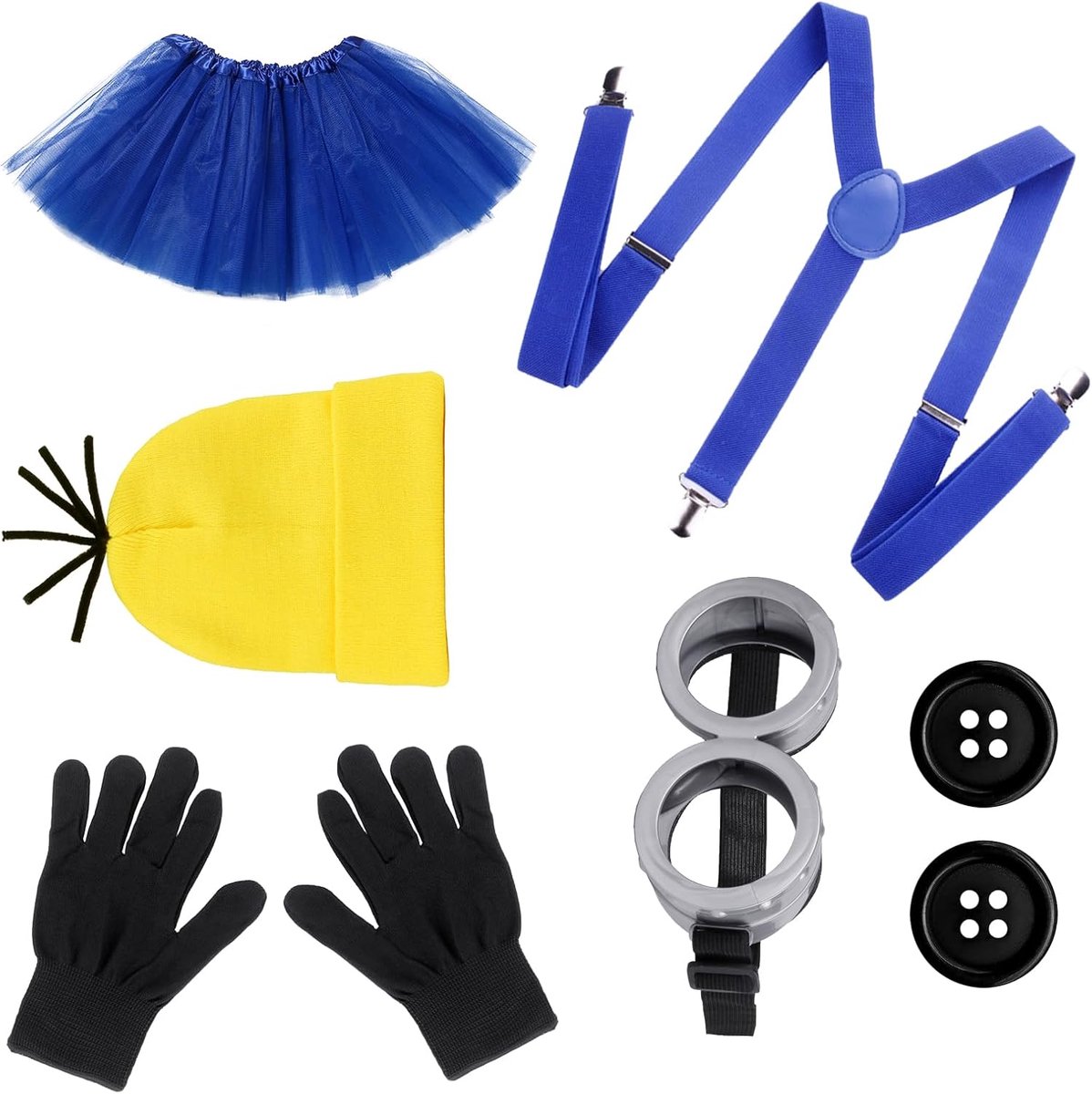 6-delig geel kostuum voor volwassenen, carnavalskostuumaccessoires met bril, gebreide muts, handschoenen, bandjes, rok, knopen voor vrouwen, Halloween, carnaval, feest