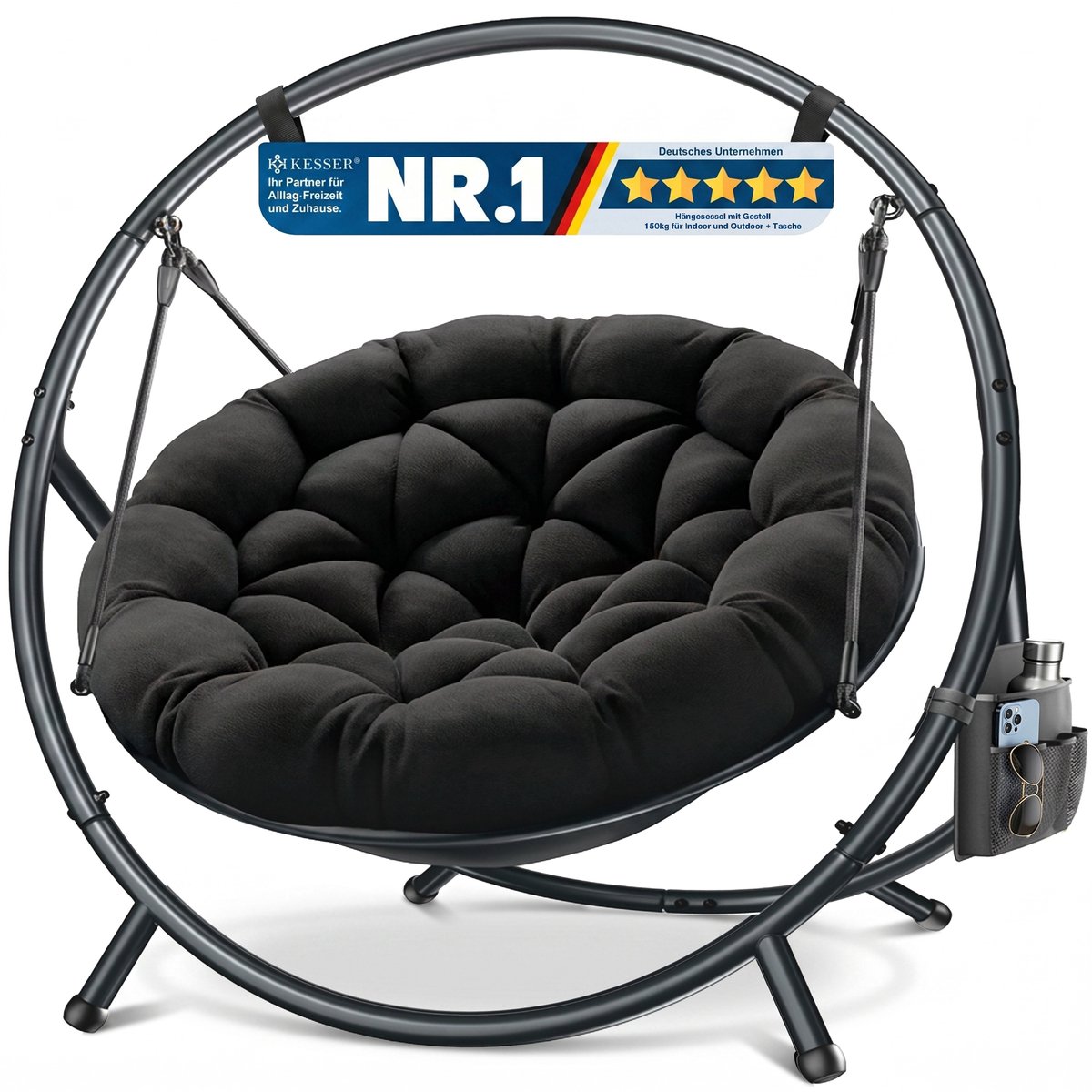 KESSER® Hangstoel BALI - met stalen standaard - tot 150 kg - inclusief kussen en zijvak - Zwart