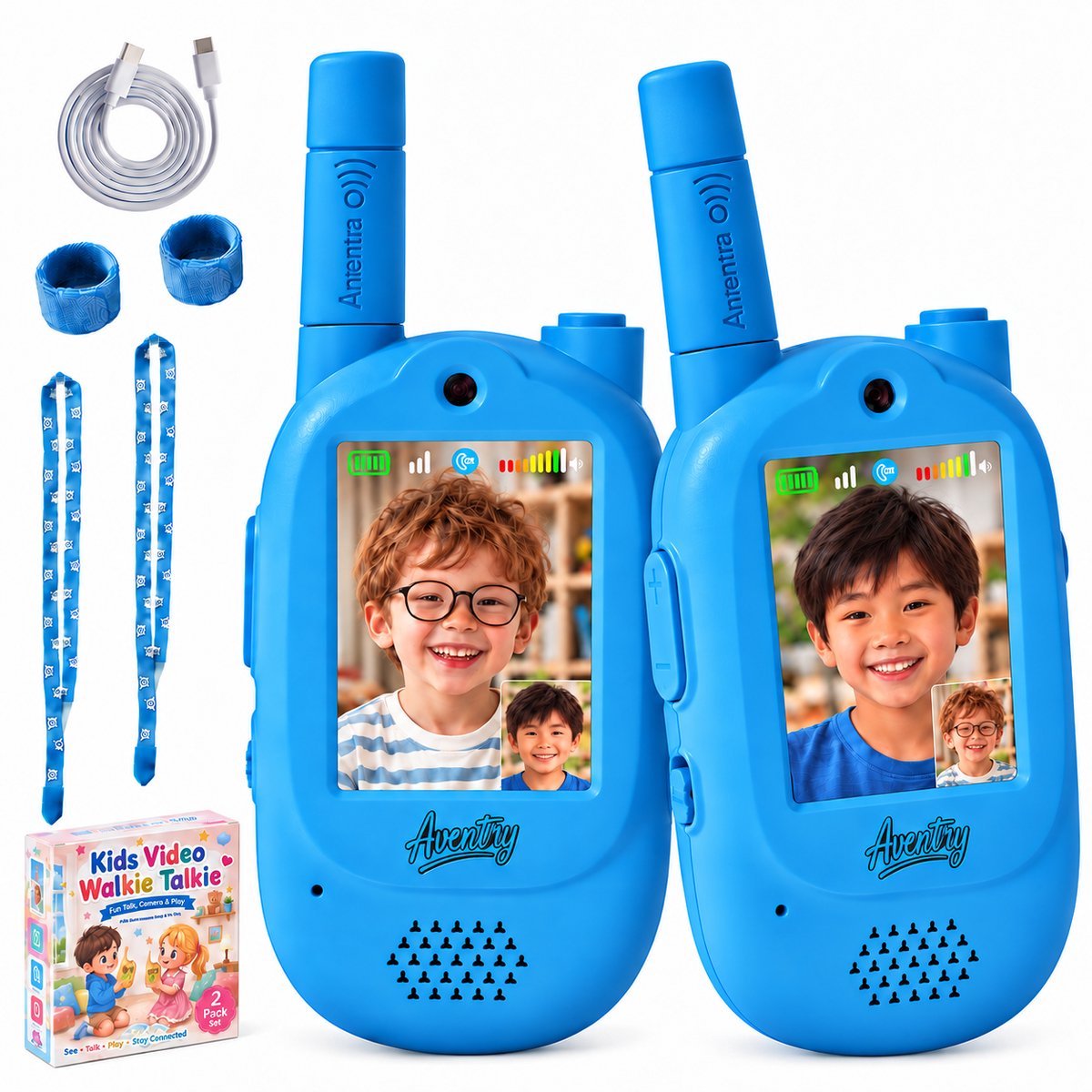 Aventry® Walkie Talkie voor Kinderen - Vol Blauw - Video Walkie Talkie met Camera - Portofoon - Oplaadbaar - Kids Speelgoed - Set van 2 Walkie Talkies - Vol Blauw & Vol Blauw