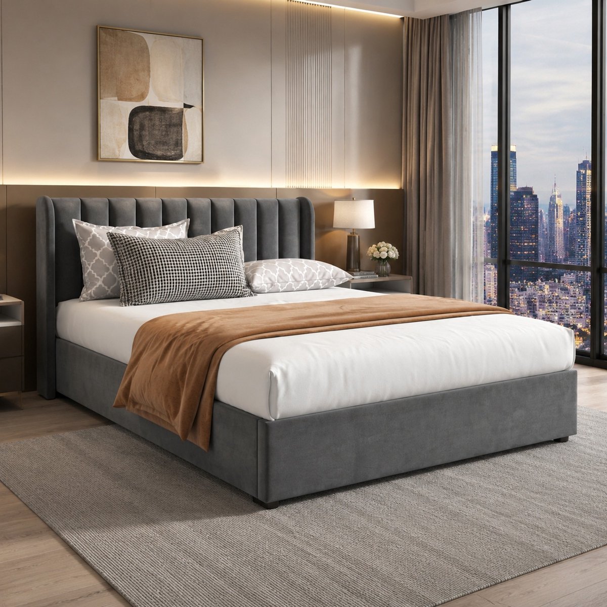 WUVRIE Gestoffeerd bed 140x200 cm met lattenbodem, hoog hoofdbord, 2 lades en opbergruimte, grijs