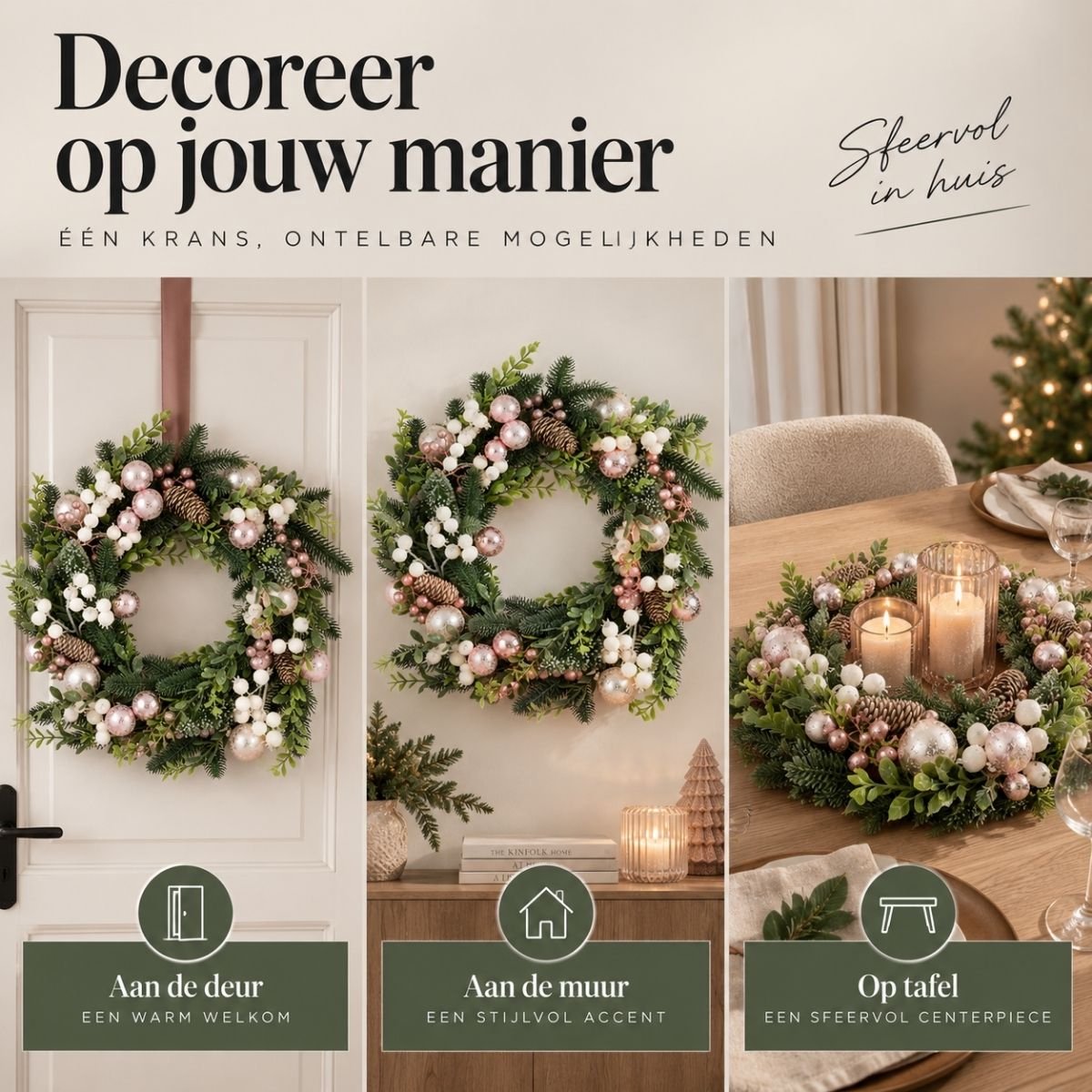Mica Decorations Rosalie Kerstkrans Roze met Groene Dennentakken - Kerstkrans met Roze en Witte Kerstballen - Decoratieve Krans voor Deur, Muur of Tafel - H11 x Ø50 cm – foto 7