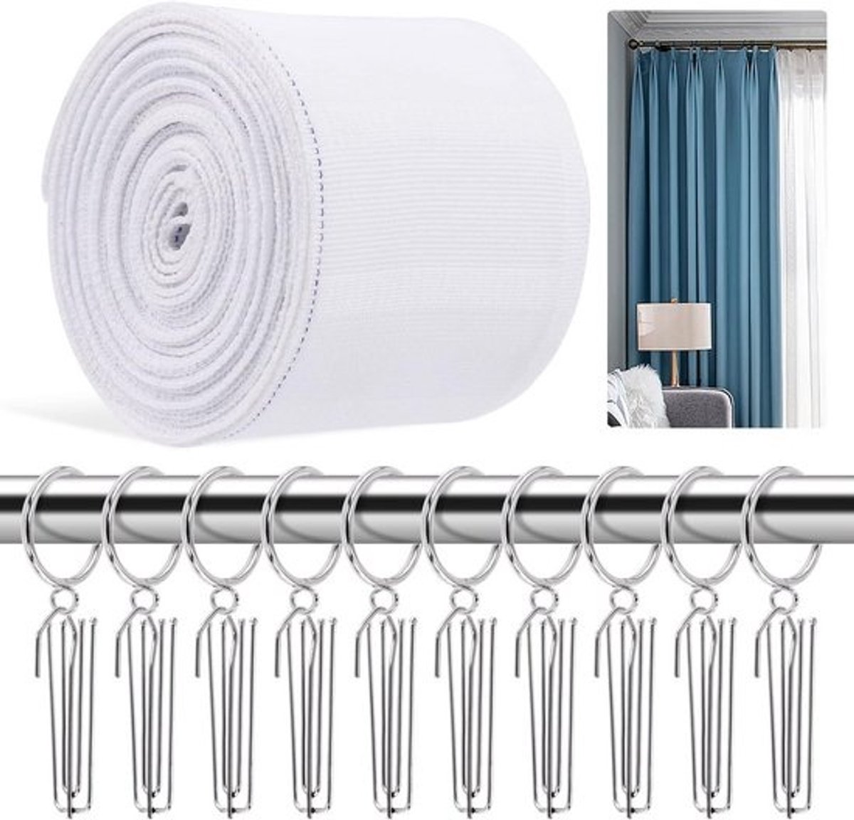 Set gordijnplooitape - Haken voor gordijnband - Gordijnen maken - Duurzaam katoen en polyester - 5.5 meter - Wit