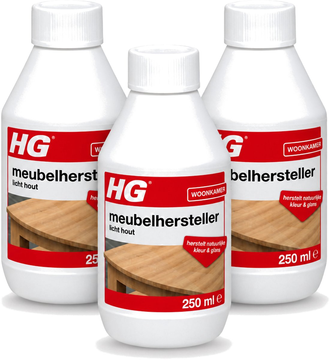 3 x HG - Meubelhersteller Licht Hout - Herstelt Natuurlijke Kleur & Glans - 250 ml - Voordeelverpakking - 3 stuks
