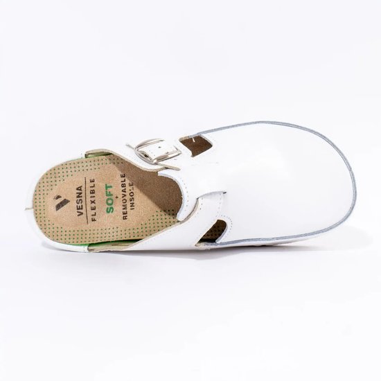 Bovenaanzicht van witte klomp met tekst 'Vesna Flexible Soft Removable Insole'.