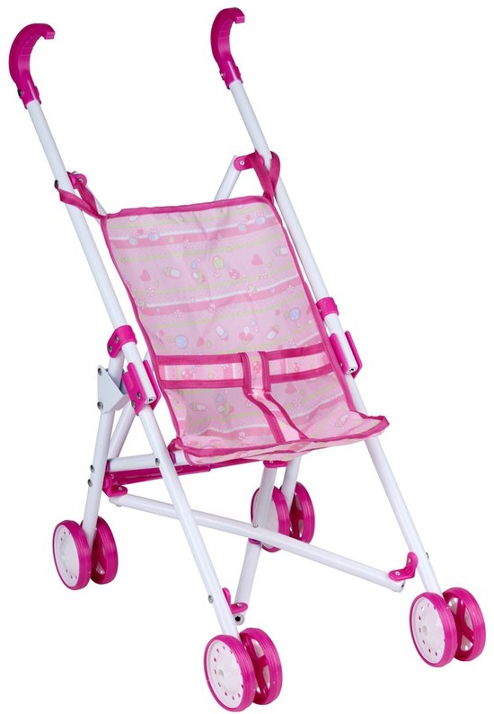 Roze poppenwagen met witte beugels, dubbele wielen en een zitting met vrolijke patronen.