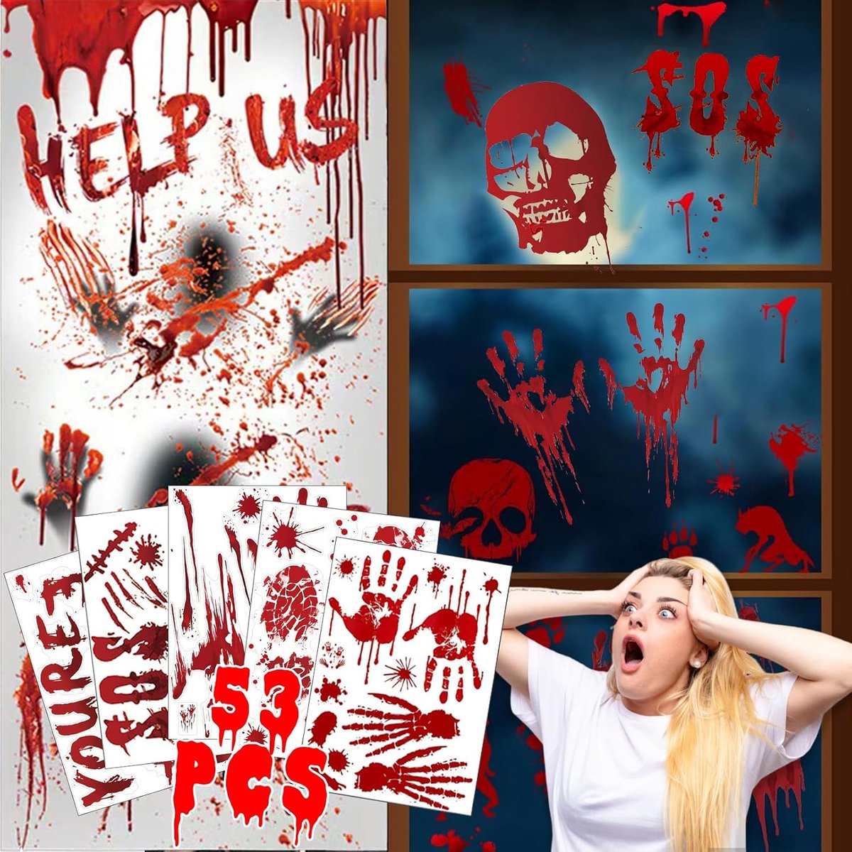 Decoratie Haunt raamfoto's, 3 stuks, enorme bloedige handafdrukken, zombiesilhouetten, griezelige raambehandeling, wanddecoratie, deurafdekkingen voor Halloween, decoratie, enge