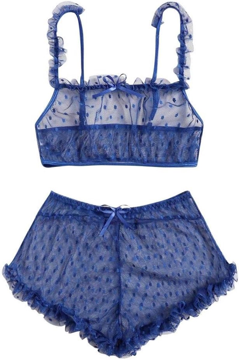 Dameskleding Vrouwen pure kanten nachtkleding Sexy strik lingerie Sexy panty set-Azul_XL