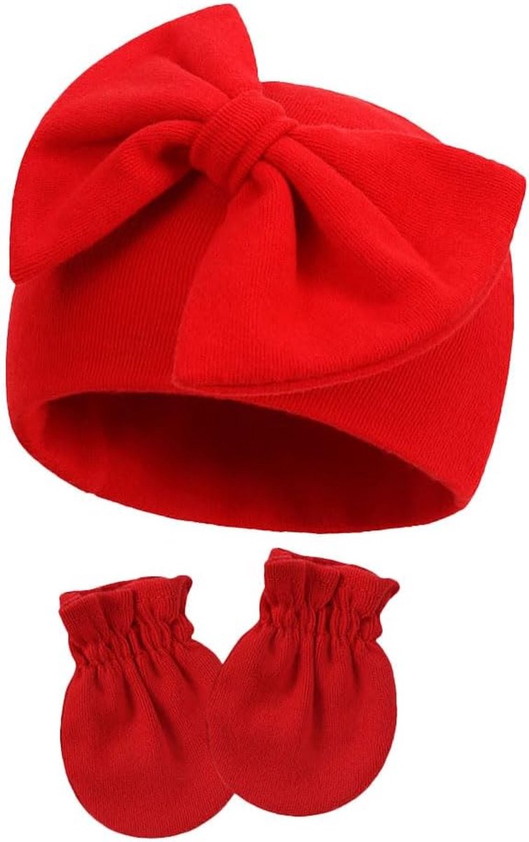 Handschoenen set zuigelingsmuts met strik baby katoenen handschoenen krasbestendige wanten babymuts en wanten set voor baby's van 0-6 maanden