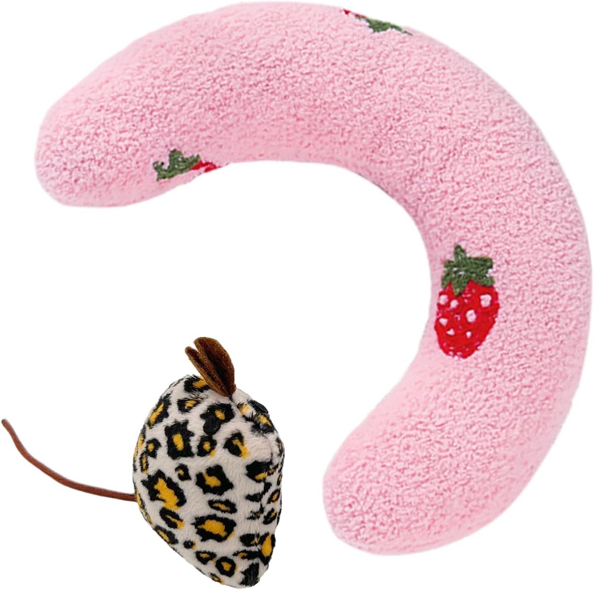 1 U-vormig huisdierkussen en 1 huisdierpop, slaapkussen met aardbeipatroon, speelgoedkussen voor katten en honden, nekbescherming voor huisdieren en slapende pluche kussenring (roze)