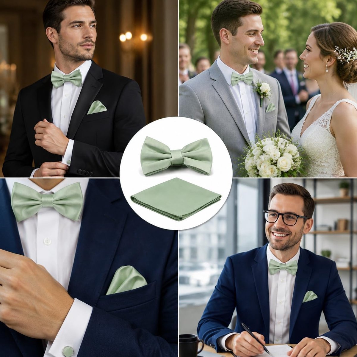 Zijden Strikdas Set met Zakdoek & Manchetknopen Groen