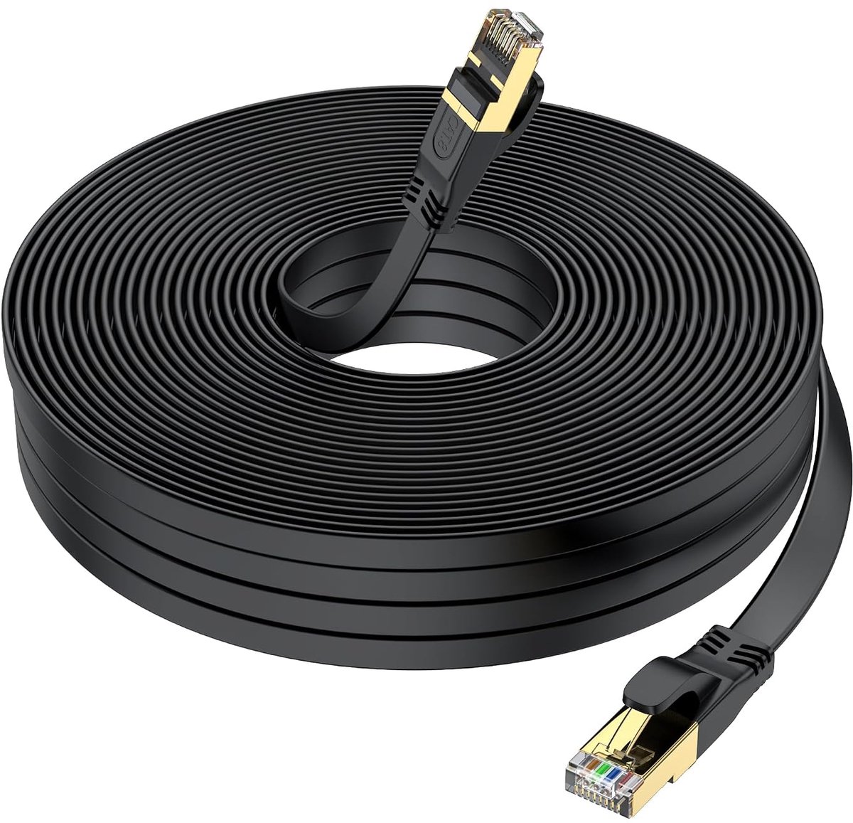 Cat 8 LAN-kabel, 40 m, high-speed platte kabel voor 40 Gbit/s en 2000 MHz, vergulde RJ45-netwerkkabel, voor pc/modem/router/gaming, sneller dan Cat7/Cat6/Cat5 (zwart)