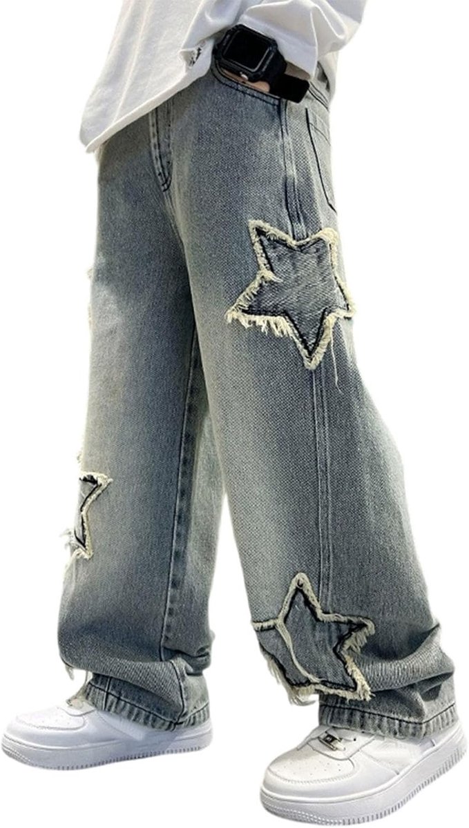 Baggy jeans voor jongens, rechte pasvorm, met zakken, elastische tailleband, versleten look, gescheurd, met gaten.