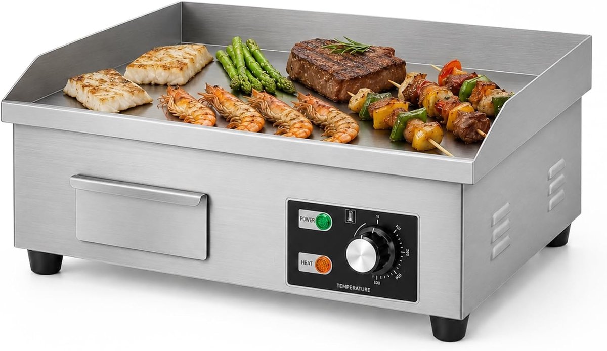 Keuken Bakplaat.Professionele Kookgrill 55x35cm.Roestvrij staal, Thermostaat Verwarming tot 300°C.Met Olieopvangbak.Voor vlees,Vis,Groenten.3000W