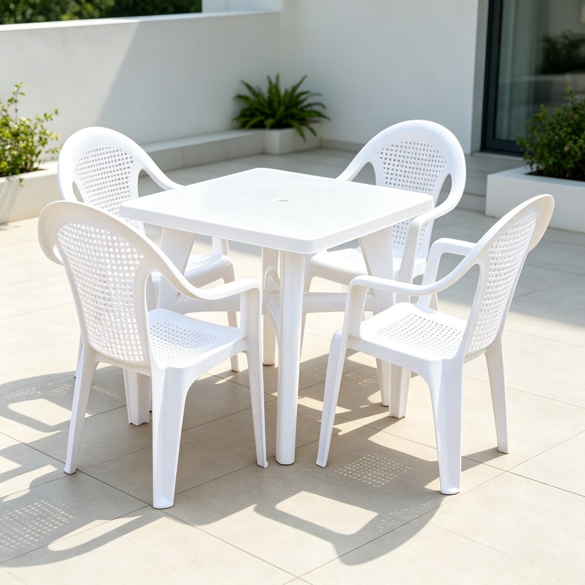witte kunststof tuinset vierkante tafel 80cm + 4 tuinstoelen met armleuning terrasmeubels voor buiten