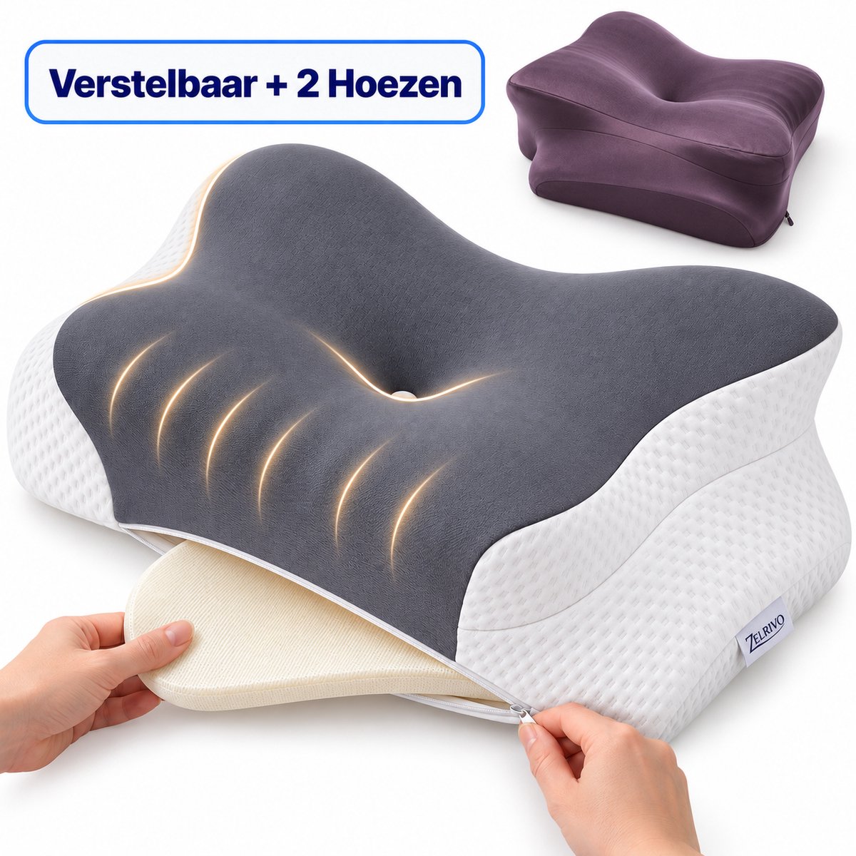 Zelrivo® Verso Vlinderkussen - Ergonomisch Hoofdkussen - Verstelbaar 4 Hoogtes Neksteun voor Nekklachten - 2 Hoezen - Voor Zijslaper Rugslaper Buikslaper - Traagschuim Memory Foam - Orthopedisch - Slaapkussen - Anti Snurk - 62x37cm