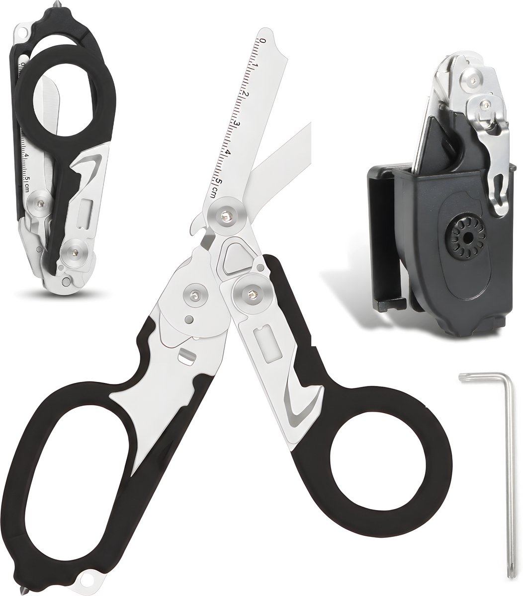 Medische Schaar Inc. Draaghoes - EHBO - Verpleegkundige - Verbandschaar - Traumaschaar - Gordelsnijder - Survival Multitool zakmes - Raptor Rescue - Inclusief stelsleutel - Zwart - RVS schaar voor en kamperen - Met 5 cm liniaal en gordelsnijder