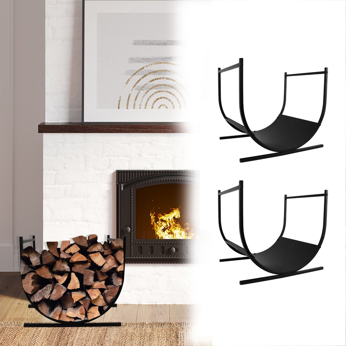 Aufun U-vormige haardhoutmand (2-delige set) – Zwart metalen haardhoutrek - 45 x 38 x 40 cm – Decoratief haardhoutrek, geventileerd ontwerp, geschikt voor binnen en buiten