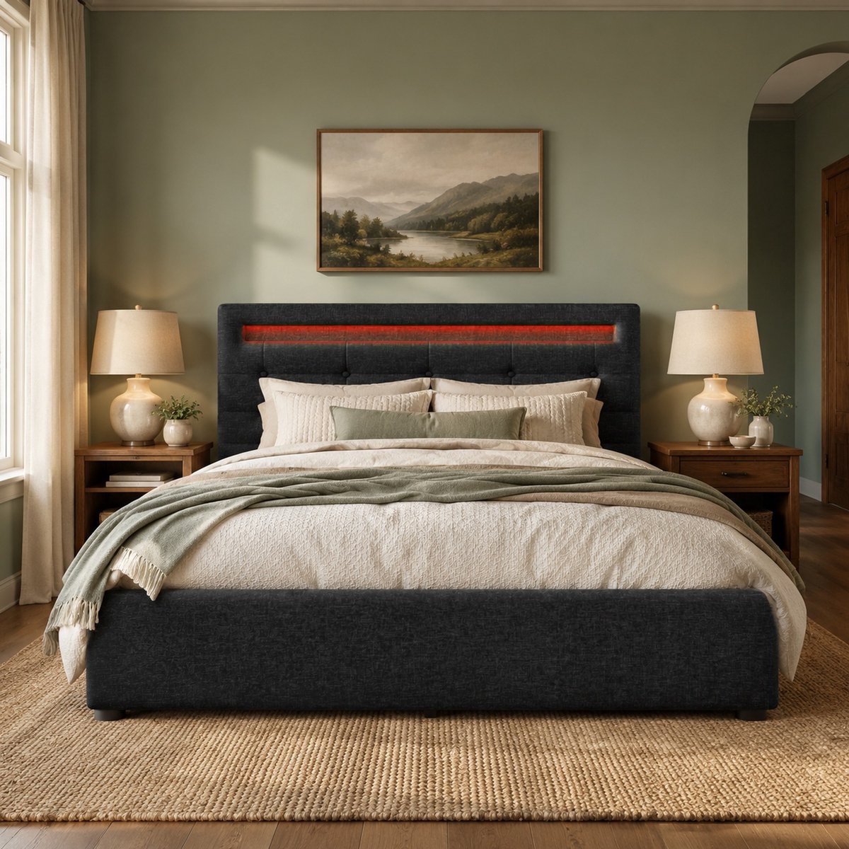 WUVRIE Bedframe 140x200 cm met LED-verlichting, verstelbaar hoofdeinde en 4 lades, zwart