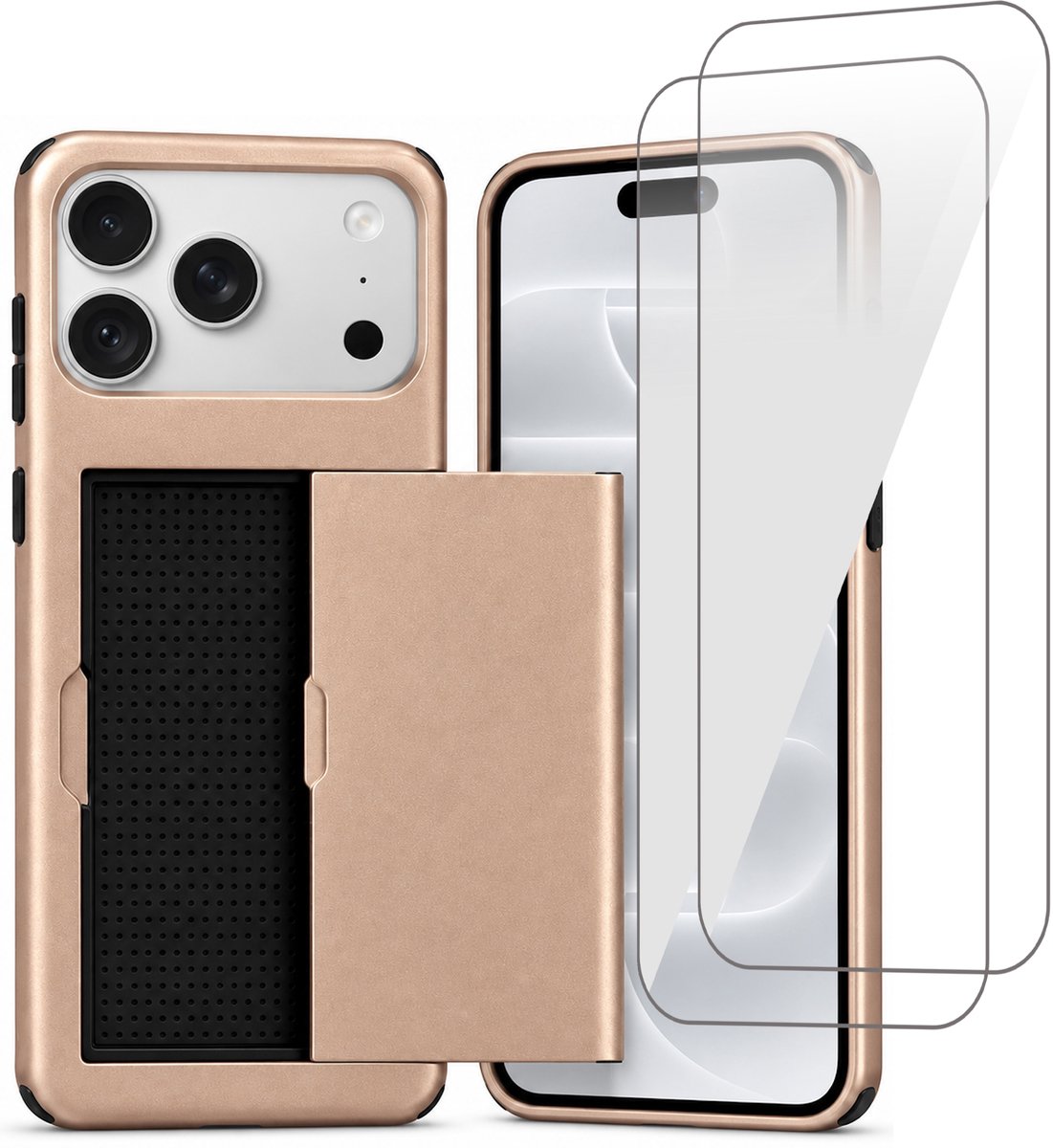 Hoesje met Pasjeshouder geschikt voor iPhone 18 Pro / 17 Pro – Back Cover Slide Case – Roségoud – 2 Stuks Screenprotector Glas