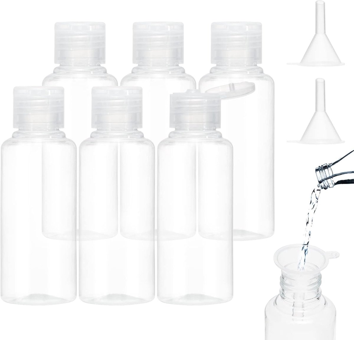 SnelShoppen - 6 Stuks 100 ml Reisbottles Set met 2 Kleine Trechters - Transparante Plastic Flessen voor Shampoo, Lotion, Shower Gel, Cosmetica, Reizen