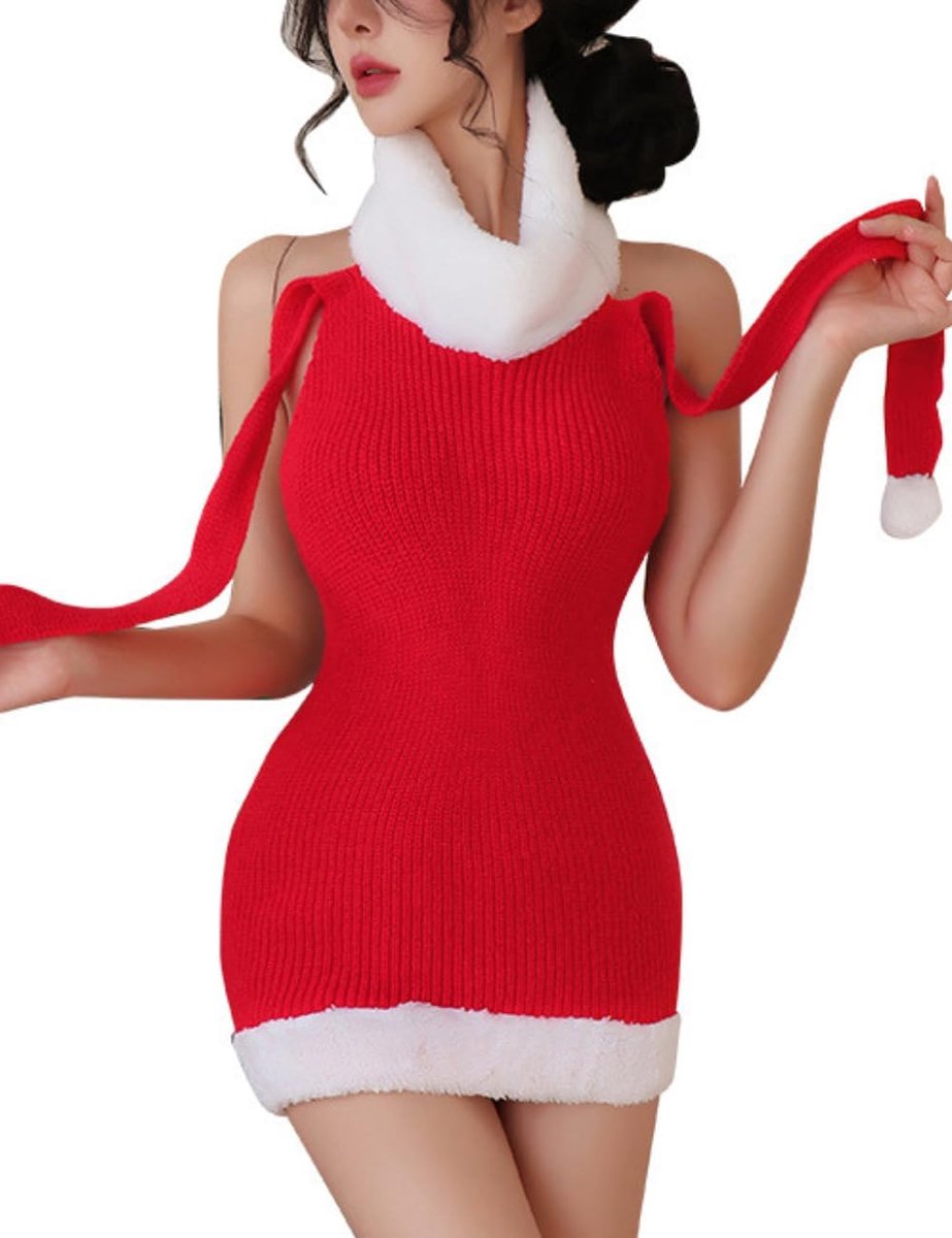 Backless kerstjurk rood - gebreid - faux fur - perfect voor feestjes - ShopVlot
