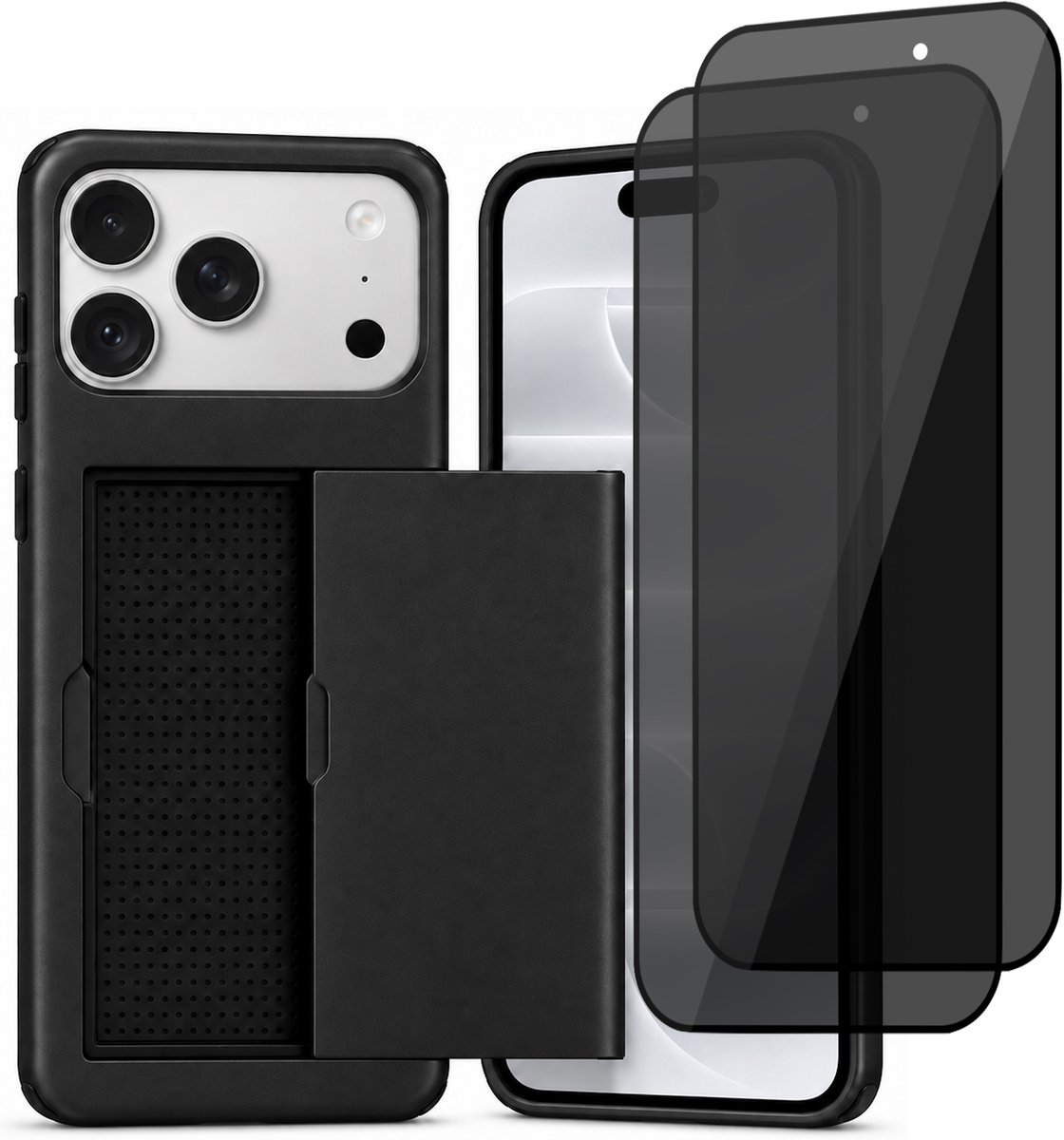 Hoesje met Pasjeshouder geschikt voor iPhone 18 Pro Max / 17 Pro Max – Back Cover Slide Case – Zwart – 2 Stuks Privacy Screenprotector – Anti Inkijk