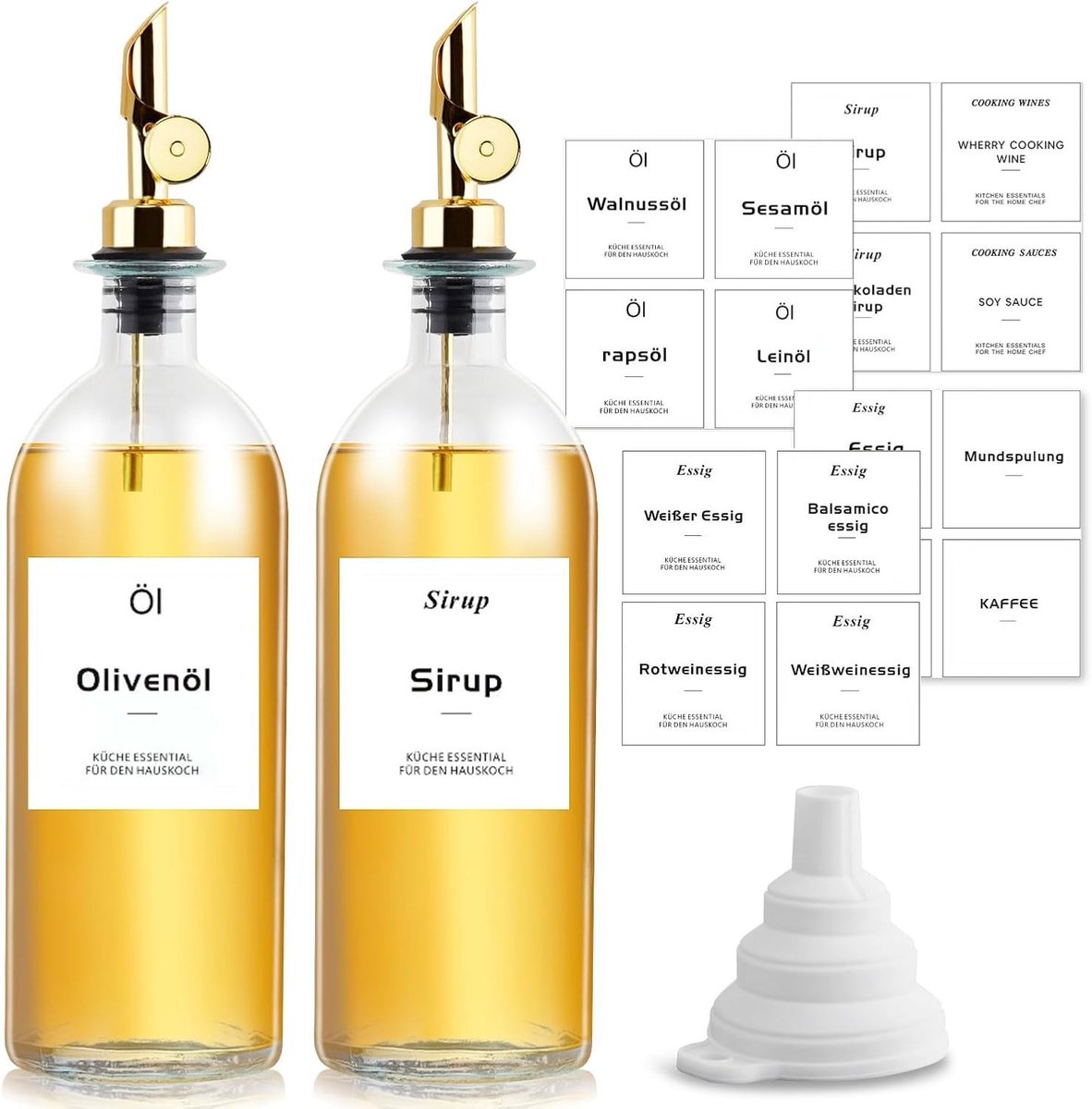 Olie- en Azijnflessenset - Goud - 500 ml - Glazen Flessen met Gewogen Schenktuit - Voor Keuken en Thuisgebruik