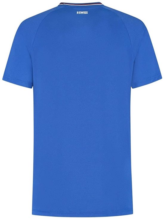 Blauw K-Swiss t-shirt met witte en rode strepen op de kraag.