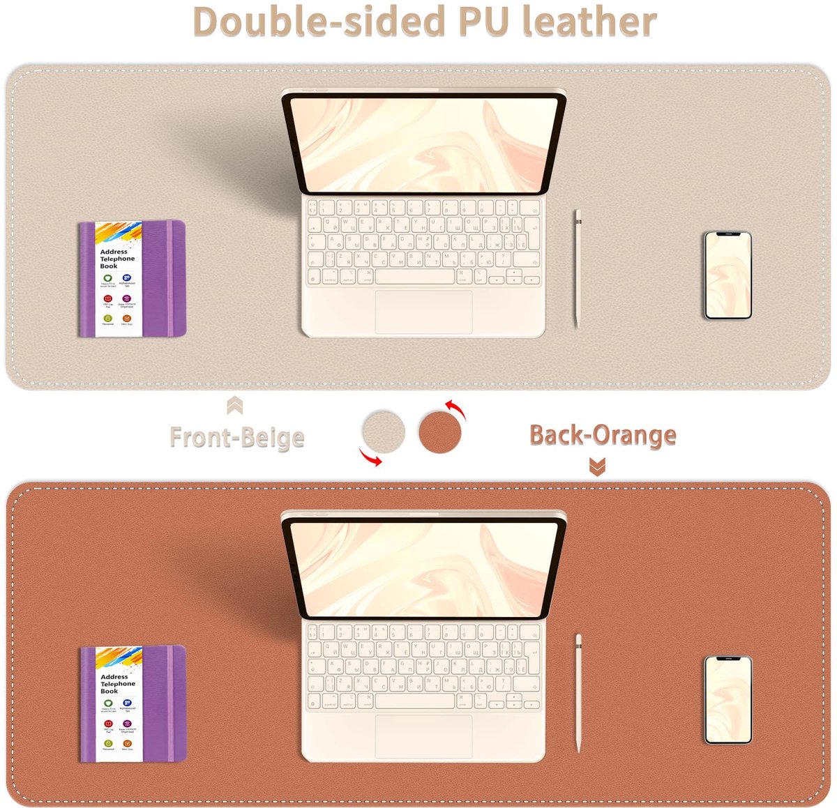 SnelShoppen - Dubbelzijdige bureaumat 120x60 cm, waterdichte tafelbeschermer, grote muismat voor toetsenbord en muis, beige en oranje, ideaal voor kan