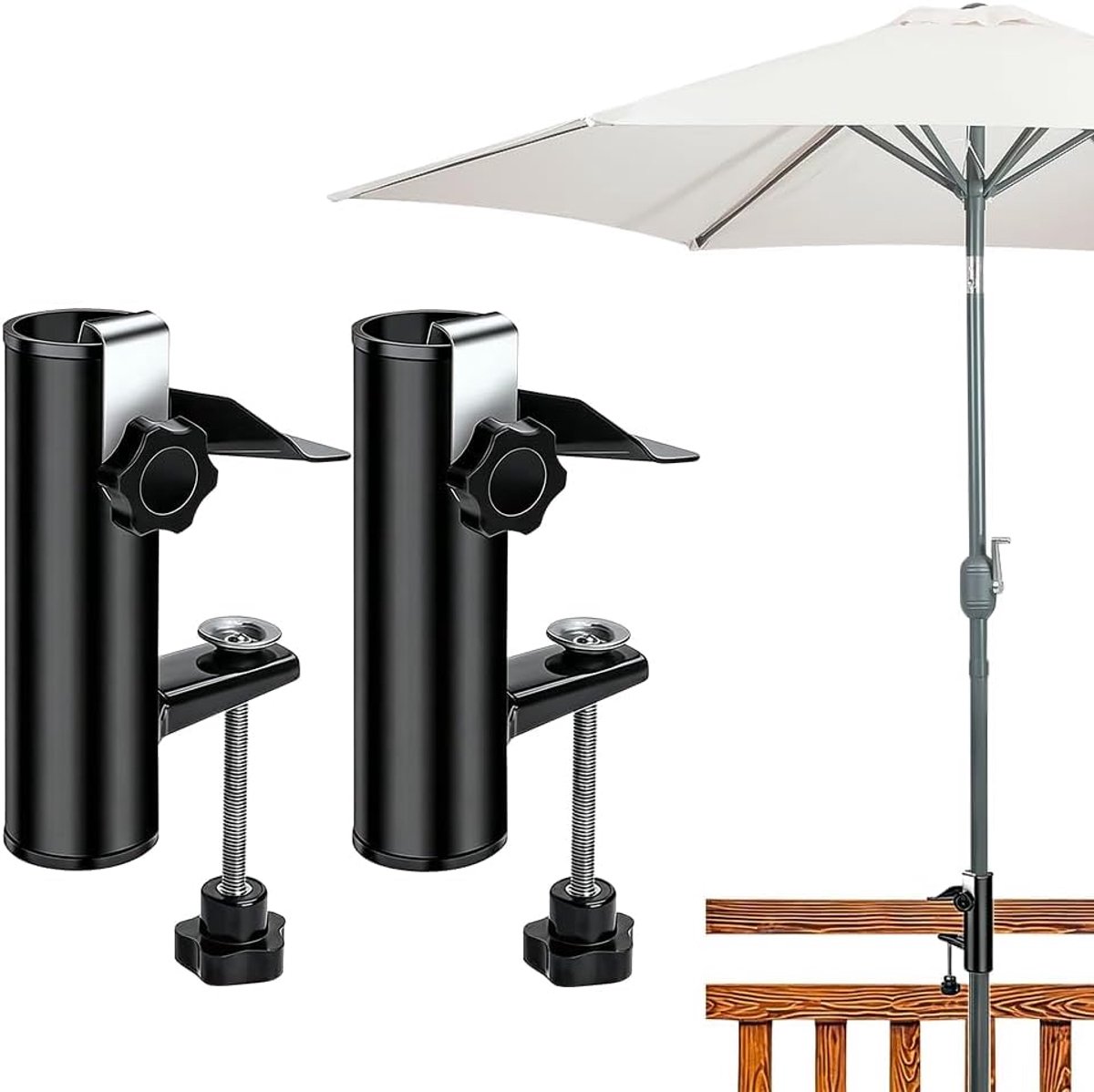 SnelShoppen - 2x Parasolstandaard van Metaal, Verstelbare Parasolhouder voor Balkon, Terras, Leuning, Buitengebruik, Sterke Cliphouder, Roestvrij, Duu