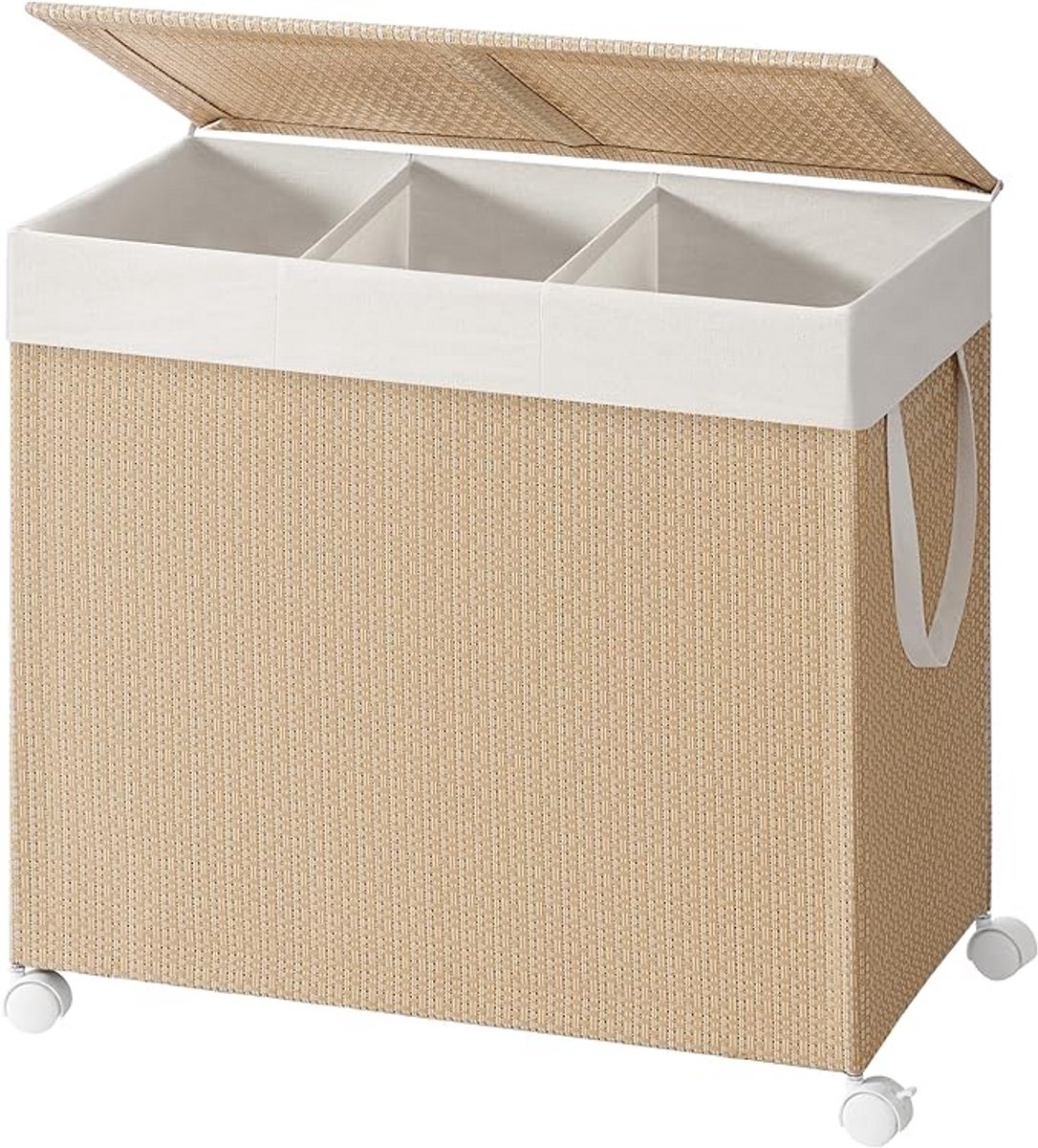 Waskorf 66,5 x 37,5 x 65 cm, Wasmand met 3 Compartimenten, 140 Liter, Vuile Wasmand met Deksel, Uitneembare Waszak met Handvat, 4 Wielen, 2 Remmen, Wasgoed Sorteren, Wasmand van Synthetisch Rotan, Metaal en Polyester-Katoen, Naturel, voor Wasruimte