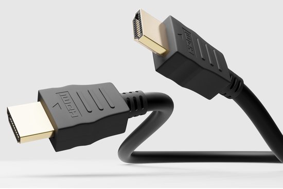 Zwarte HDMI-kabels met gouden connectoren en opdruk 'HDMI'.