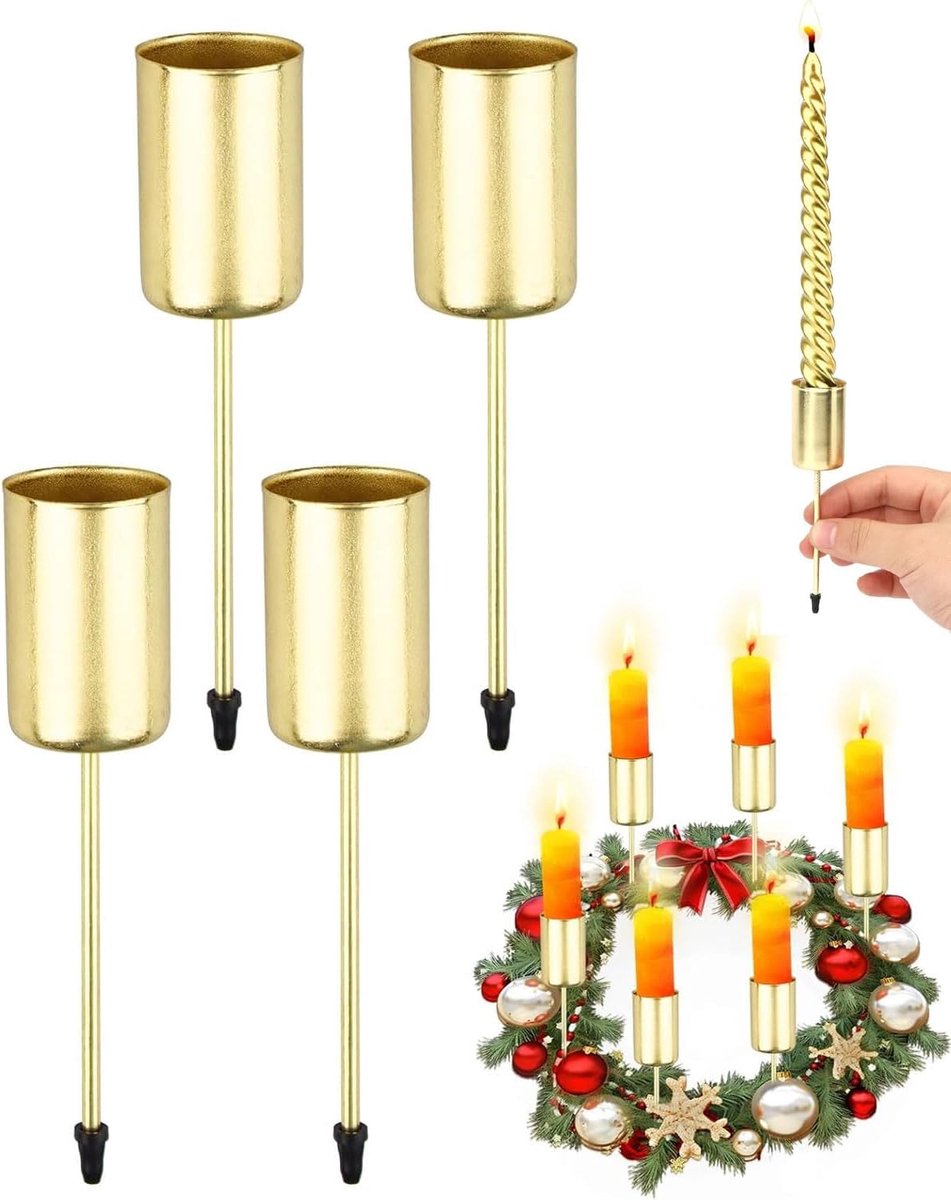4 stuks adventskaarsenhouders, metalen kaarsen, geschikt voor kegelkaarsen, adventskaarsenhouder, kerstdecoratie, doe-het-zelf ornamenten, goud