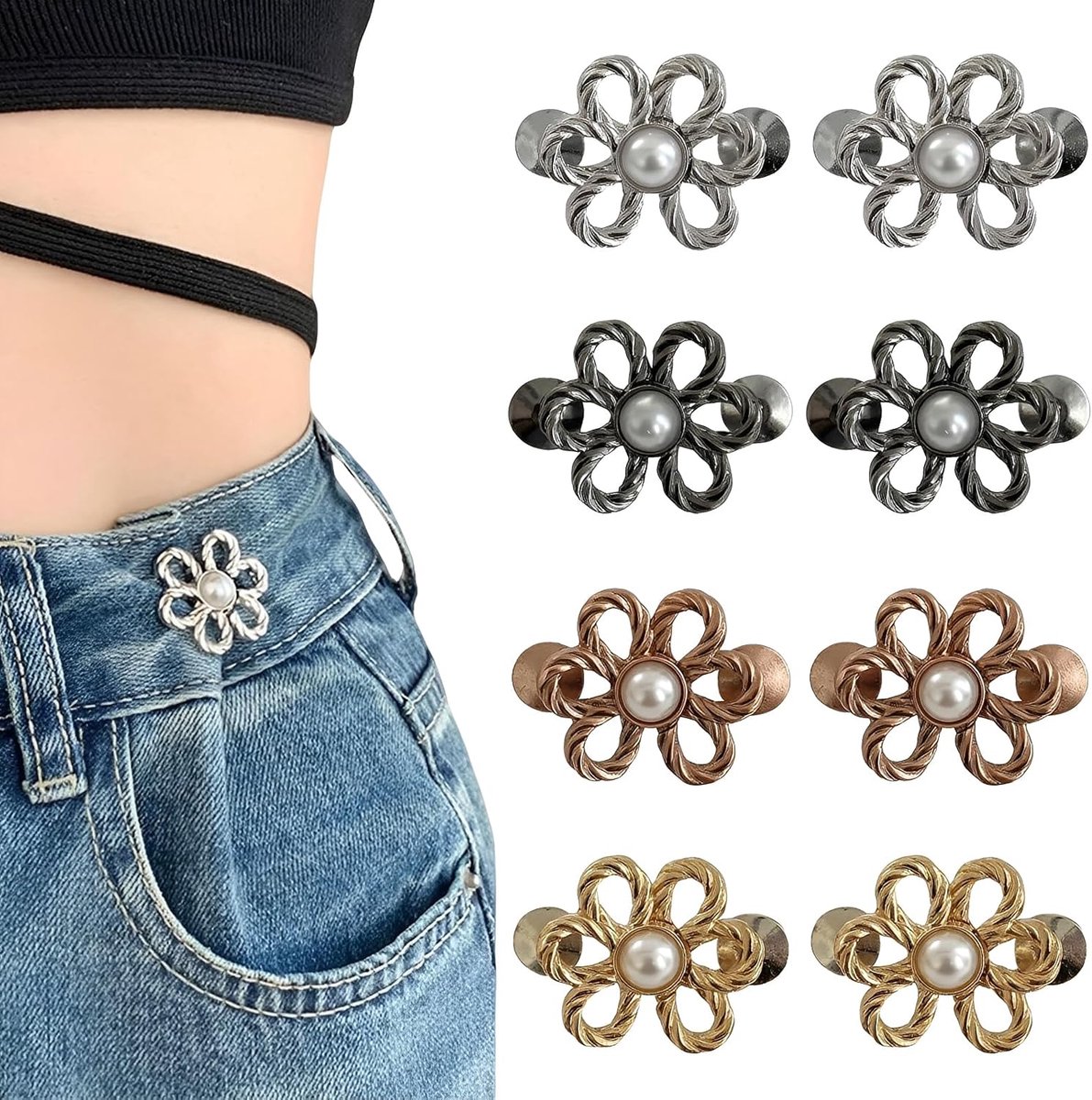 Knopen voor jeans in bloemenvorm, verstelbare spelden voor het vasttrekken van de broek zonder naden, afneembare clip voor rokken en denim (zilver, zwart, koper en goud)