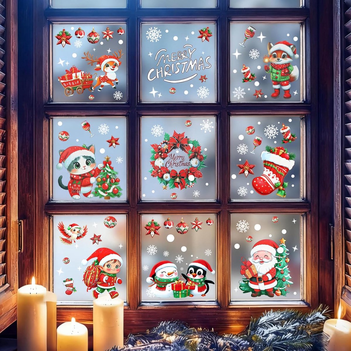 9-delige raamafbeeldingen voor Kerstmis, zelfklevende raamafbeeldingen, kerstdecoratie, voor binnen, kerstraamafbeeldingen, herbruikbaar