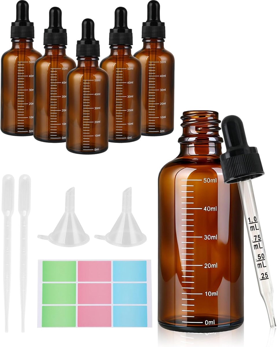 6 x 50 ml pipetflessen van amberkleurig glas met 2 trechters, 2 glazen pipetten en 1 vel etiketten, ideaal voor etherische oliën, aromatherapie en laboratorium