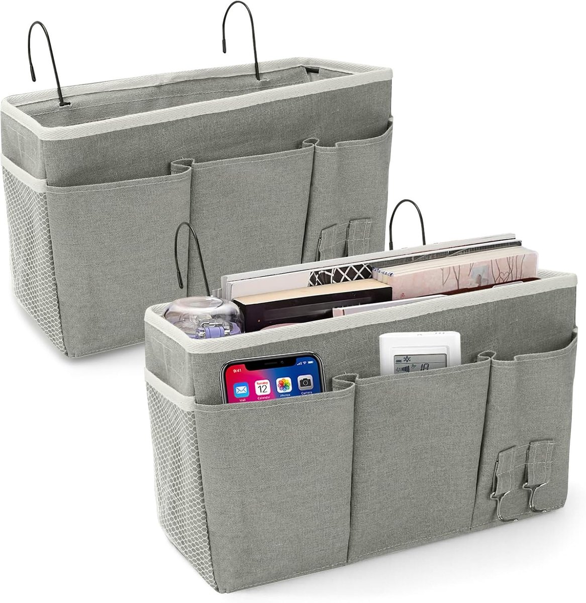 Set van 2 bedorganizers om op te hangen met bodemplaat, hangorganizer voor bed en hoogslaper, hangopslag met meerdere vakken, bedtas om op te hangen voor boeken, mobiele telefoon en accessoires (grijs