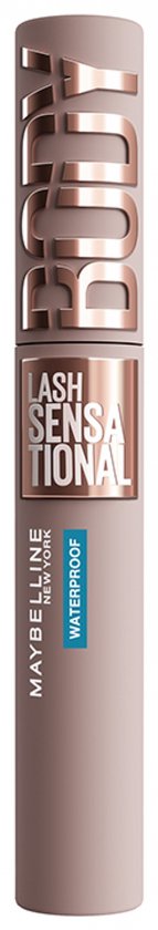 Maybelline Lash Sensational Body Waterproof mascara in taupe met goudkleurige letters.