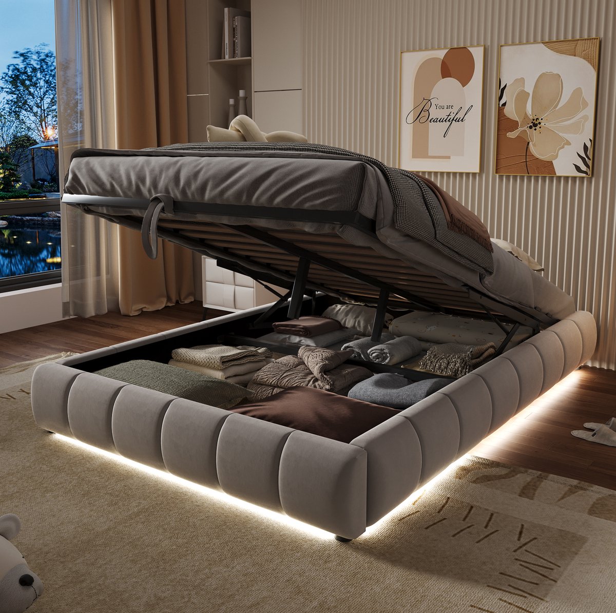WUVRIE Gestoffeerd bedframe 140x200 cm zonder hoofdbord met hydraulische opbergruimte en witte LED, beige