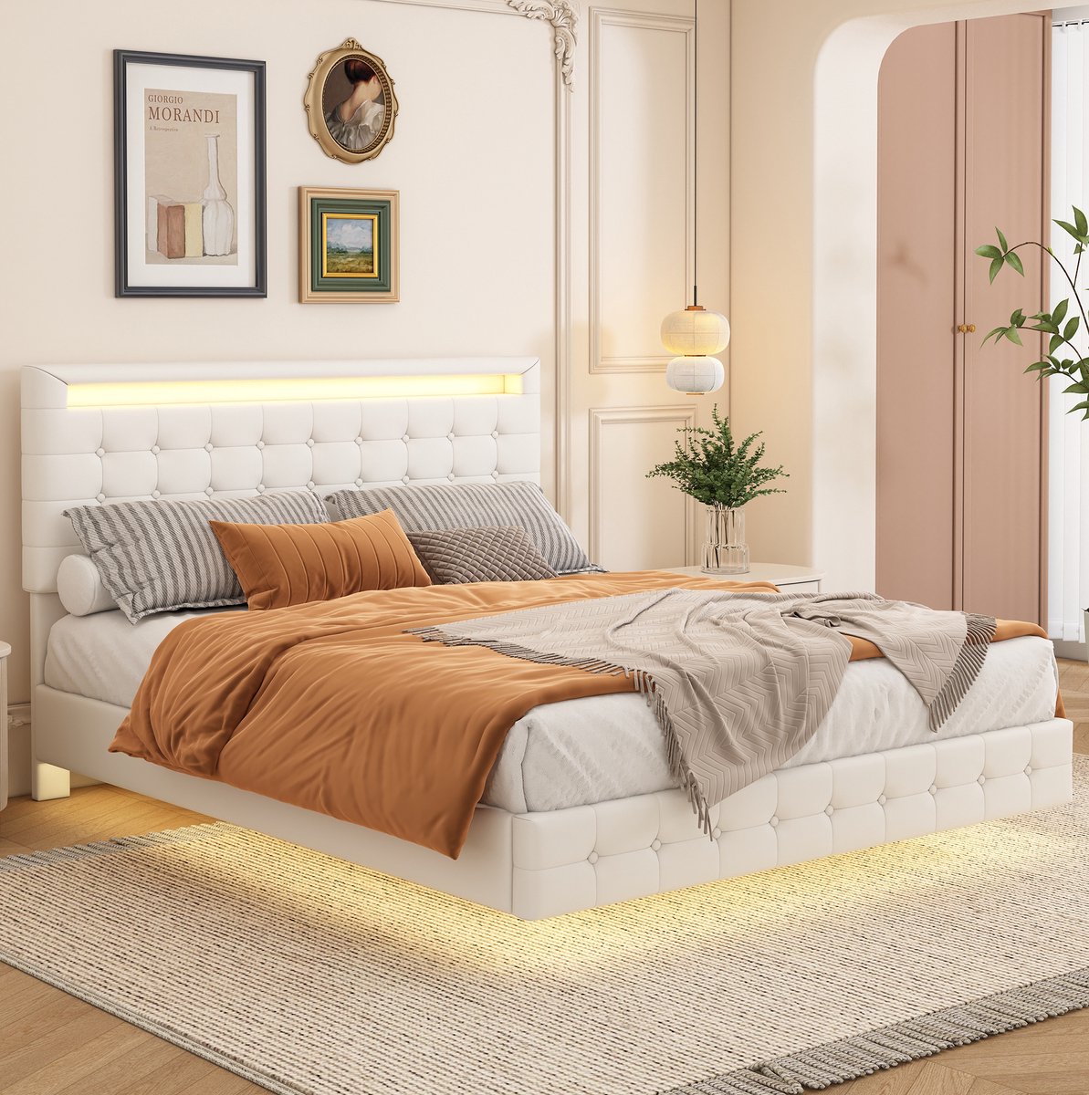 WUVRIE Tweepersoonsbed 140x200 cm met LED-verlichting en 3-voudig verstelbaar hoofdeinde, wit