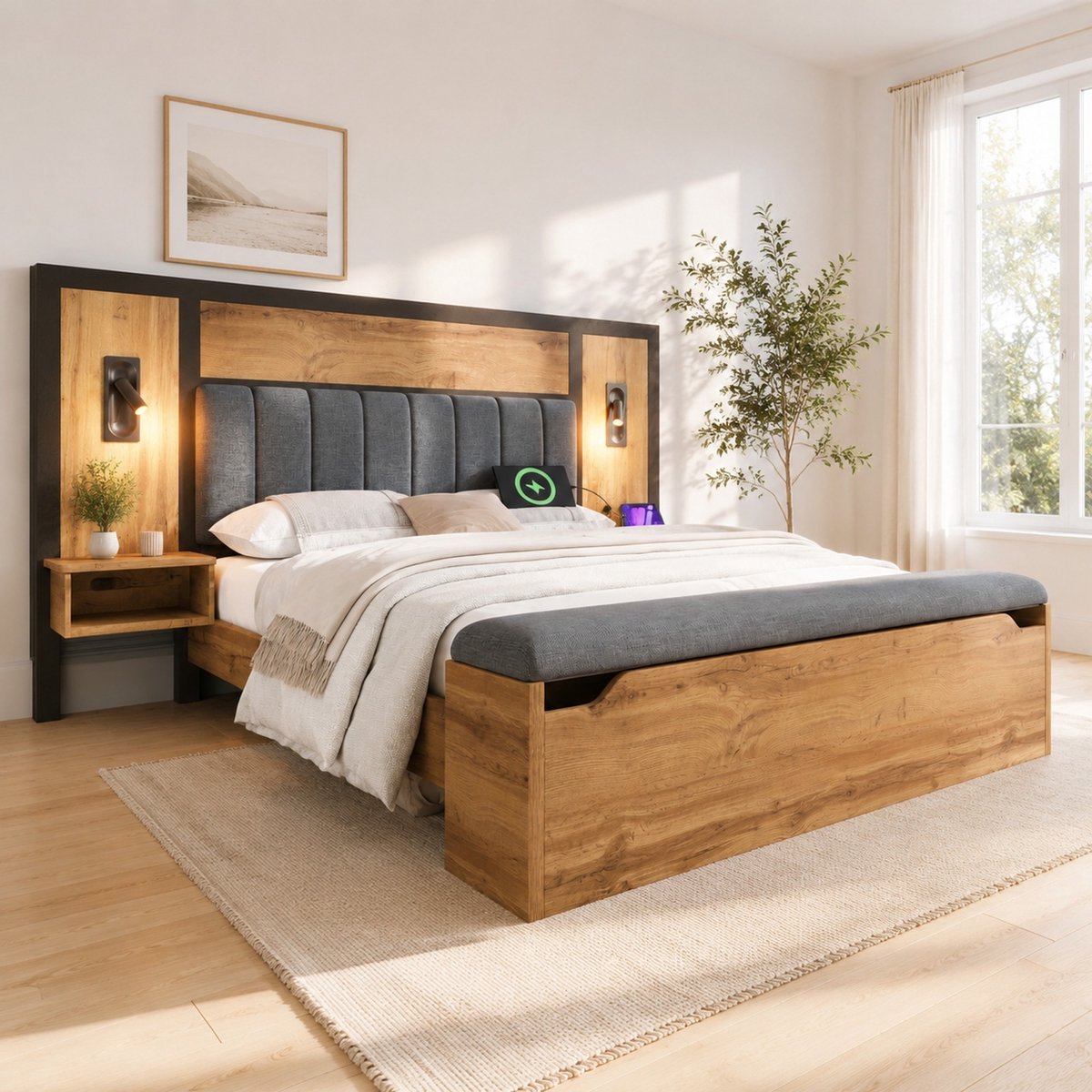 WUVRIE Tweepersoonsbed 180x200 cm met leeslampen, USB-C, nachtkastjes en opbergbank, eiken