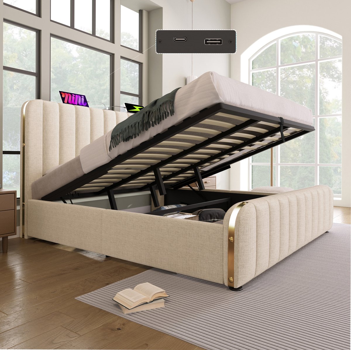 WUVRIE Tweepersoons opbergbed 180x200 cm met hydraulische lift, USB-C, lattenbodem en stoffen bekleding, beige