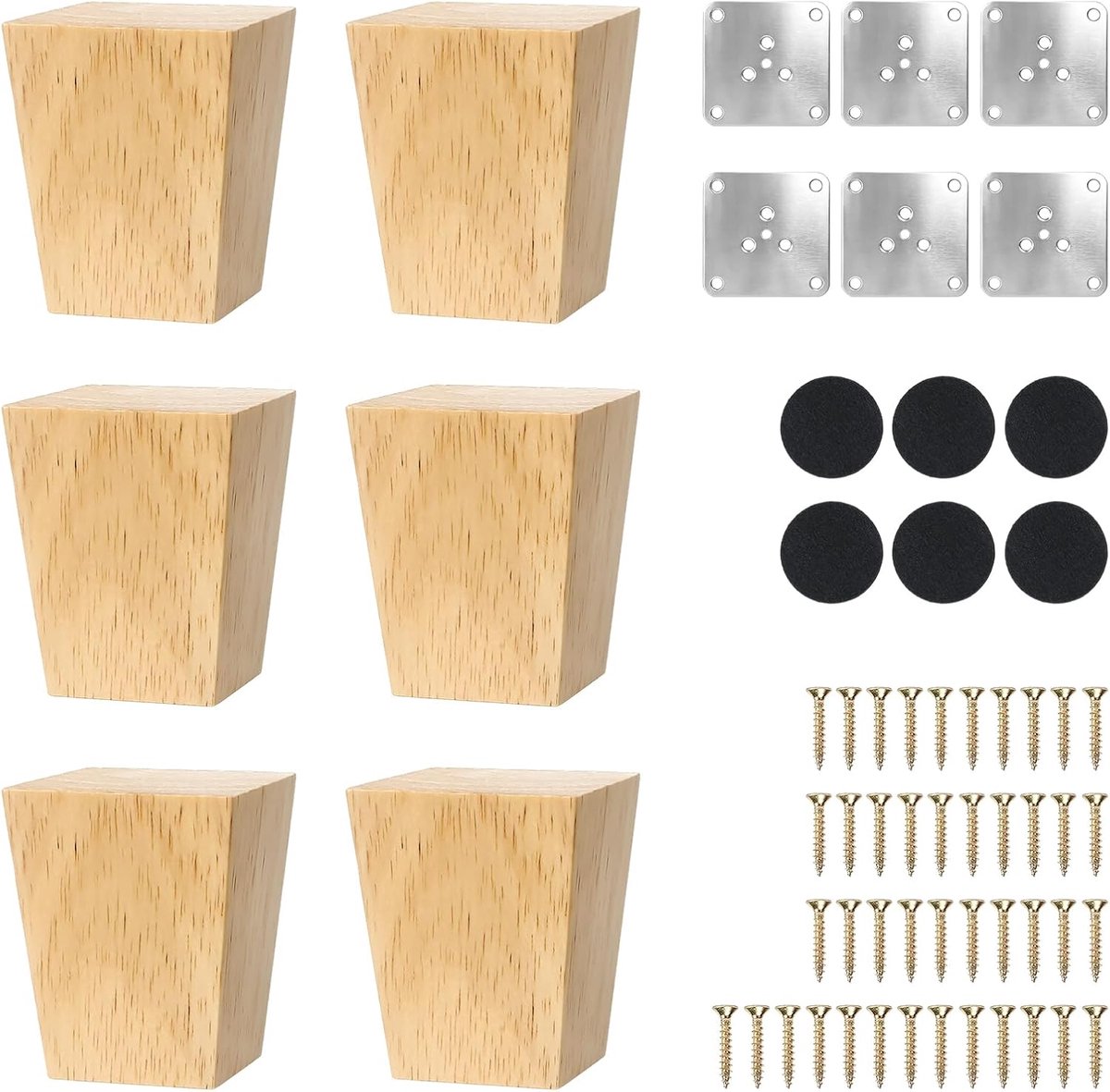SnelShoppen - 6 Stuks 6 cm Houten Tafelpoten | Meubelpoten | Vierkante Massief Houten Poten | Houtkleur | Voor Bed, Stoel, Tafel, Bank | Inclusief Mon