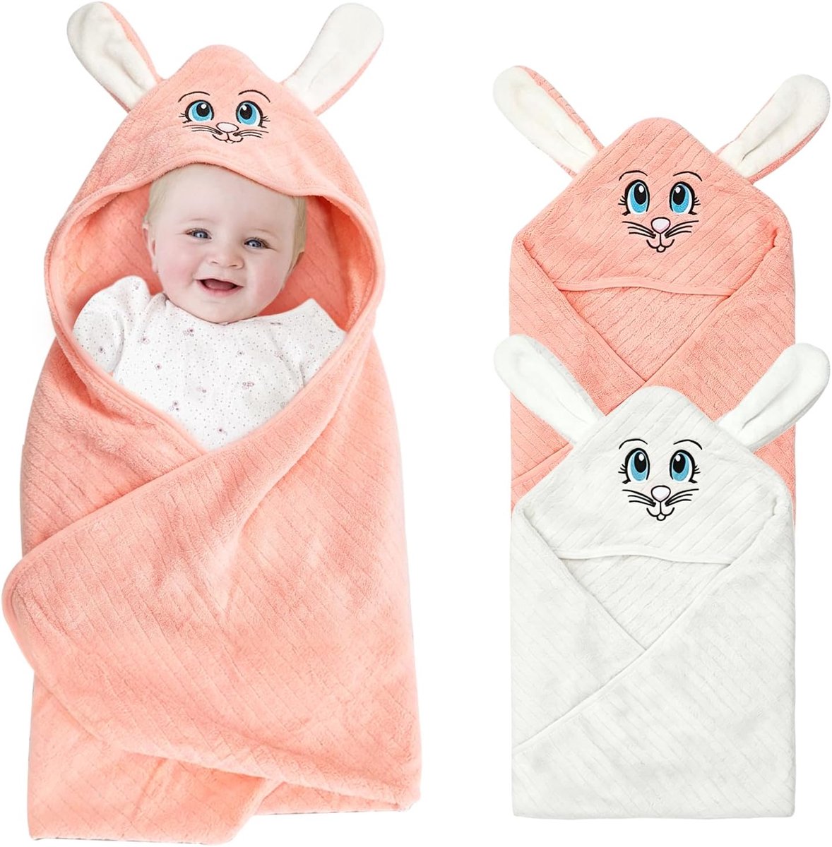 SnelShoppen - 2pcs Kapuzenhanddoek voor Baby - 80 x 80 cm - Zacht en Super Zuigend Badhanddoek - Roze en Witte Konijn - Ideaal voor Bad, Zwembad en St