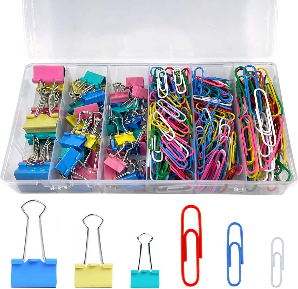SnelShoppen - Set van 320 Kleurige Paperclips en Binding Clips, 25mm/19mm/15mm, Grote en Kleine Vouwklemmen, Metalen Paperclips voor School en Kantoor