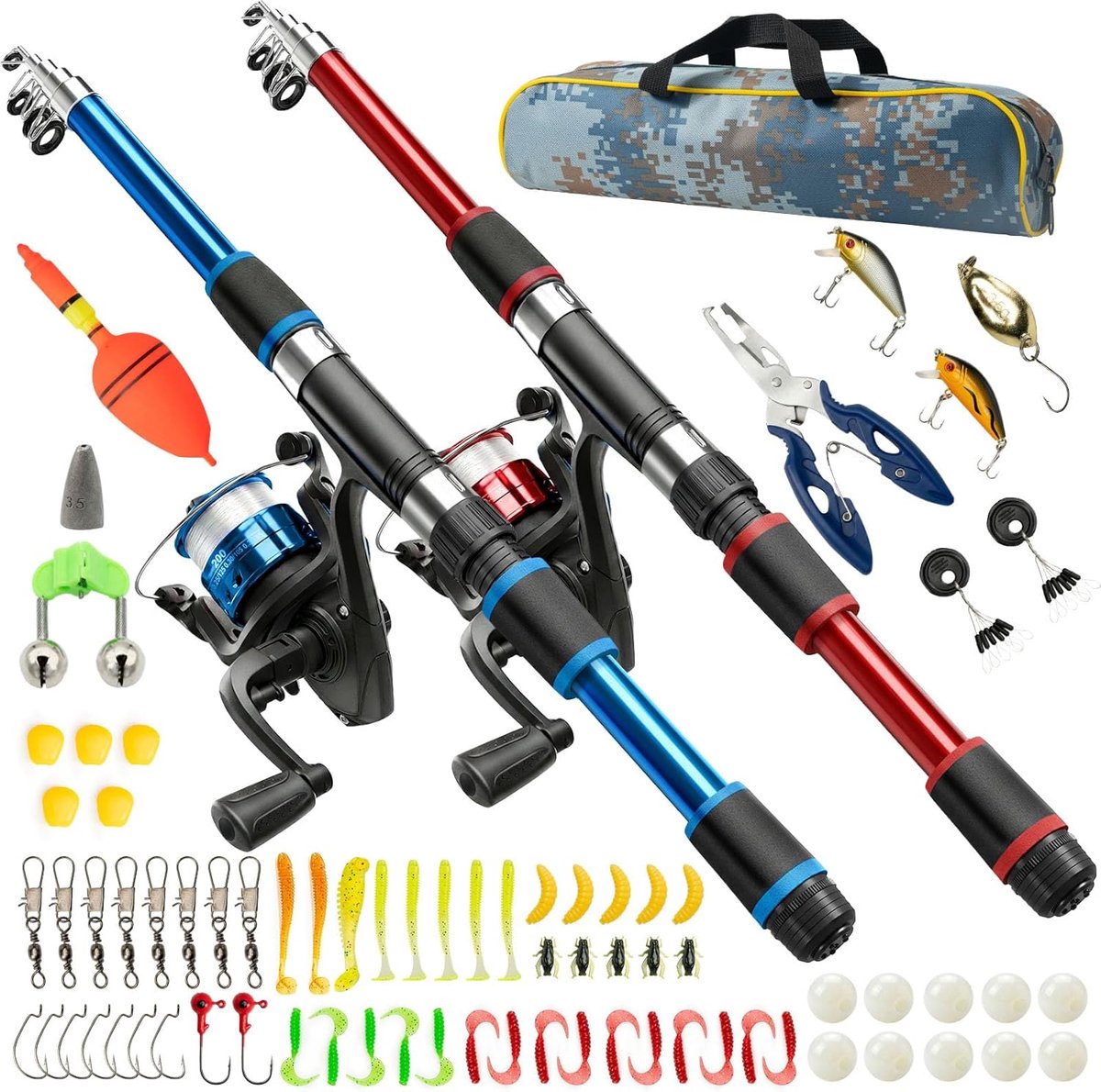 SnelShoppen - 2-delig telescopisch hengelset 1.8m van carbon met spin reel 5.2:1, complete vissersset voor beginners, inclusief leiband, aas, accessoi