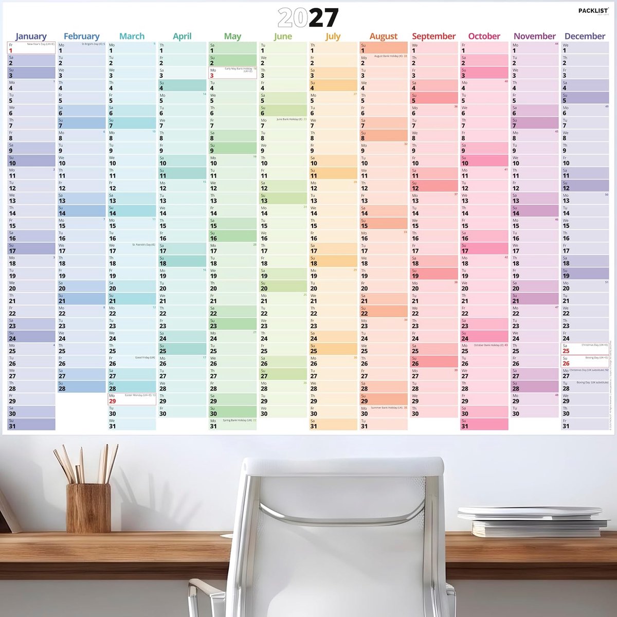 SnelShoppen - Wandkalender 2027 UK Stijlvolle Wandplanner 12 Maanden A1 voor Thuis, Studie, Werk en Gezinsleven, Grote Kleurige Jaarplanner
